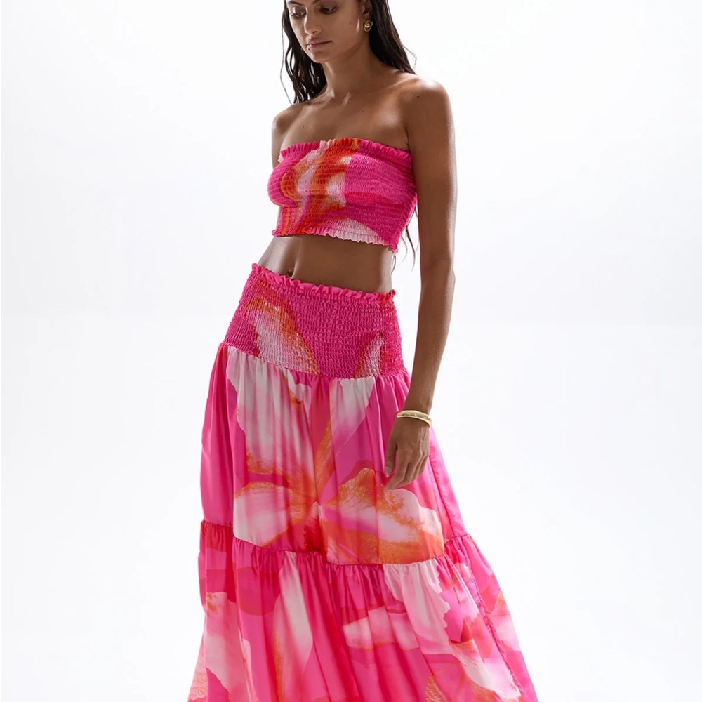 Women's Pink Maxi Skirt - Smocked Waist, Floral Print